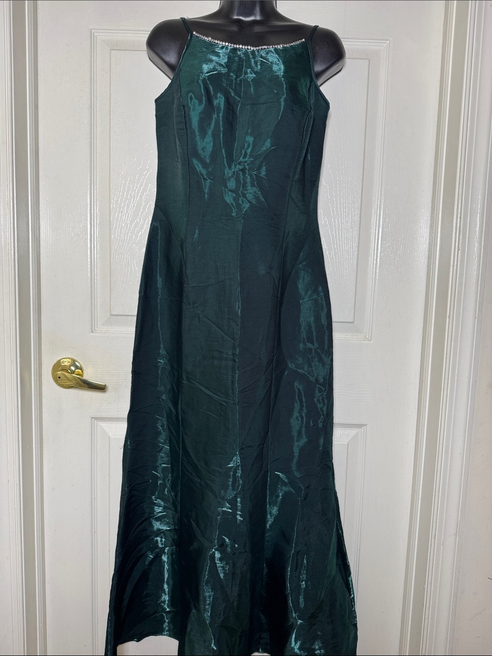 Jessica McClintock Gunne Sax Dark Green Satin Maxi Dress Rhinestones Y2K Sz 9/10